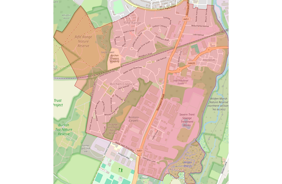 Map with red area highlighting the area included in the programme